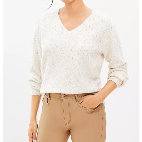 LOFT Shimmer V Neck Long Sleeve Sweater Ivory Cream Gold Large - Picture 1 of 10